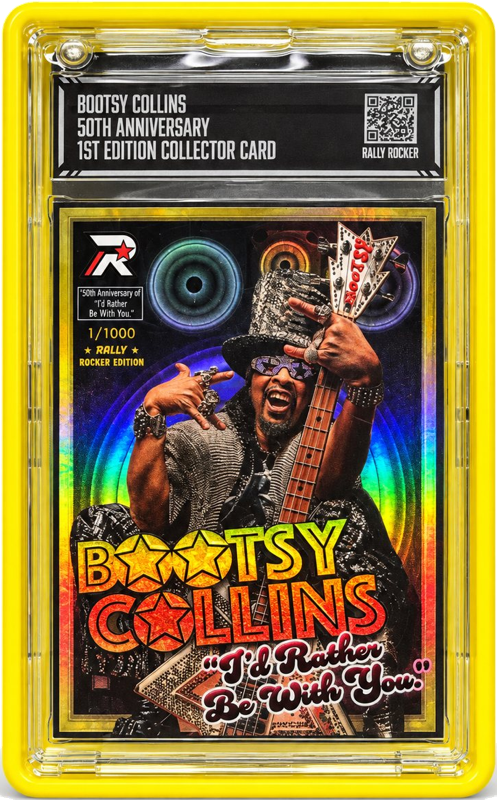 Bootsy Collins Rally card in a yellow bumper frame
