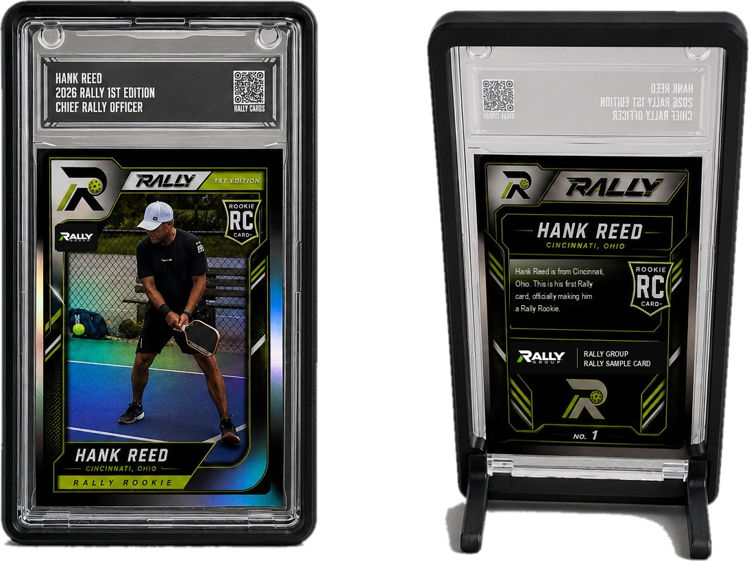 Hank Reed's Rally card front and back with the Rally Group logo, in black bumper frames, one on its stand