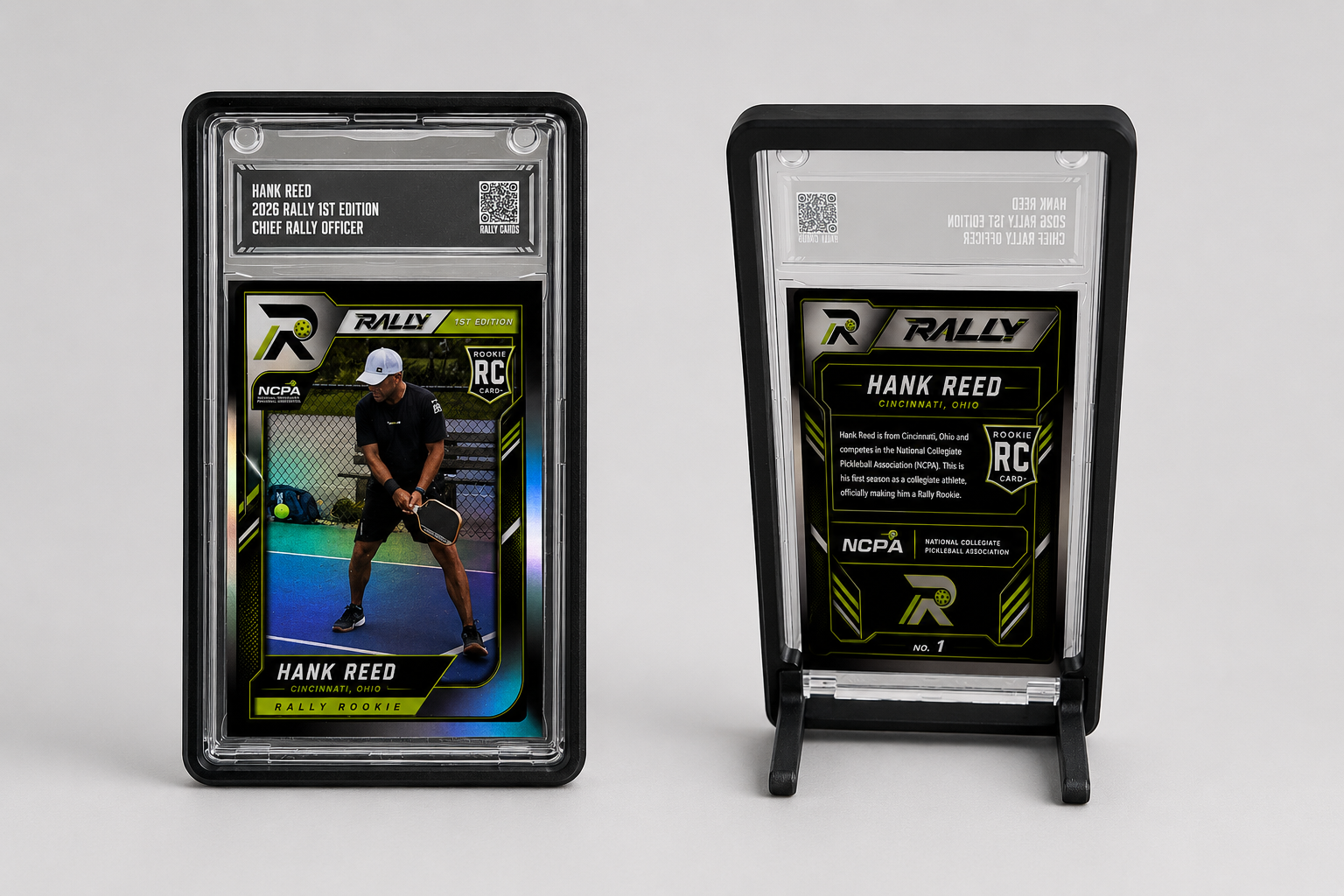 Front and back of Hank Reed Rally rookie cards in acrylic bumper frames