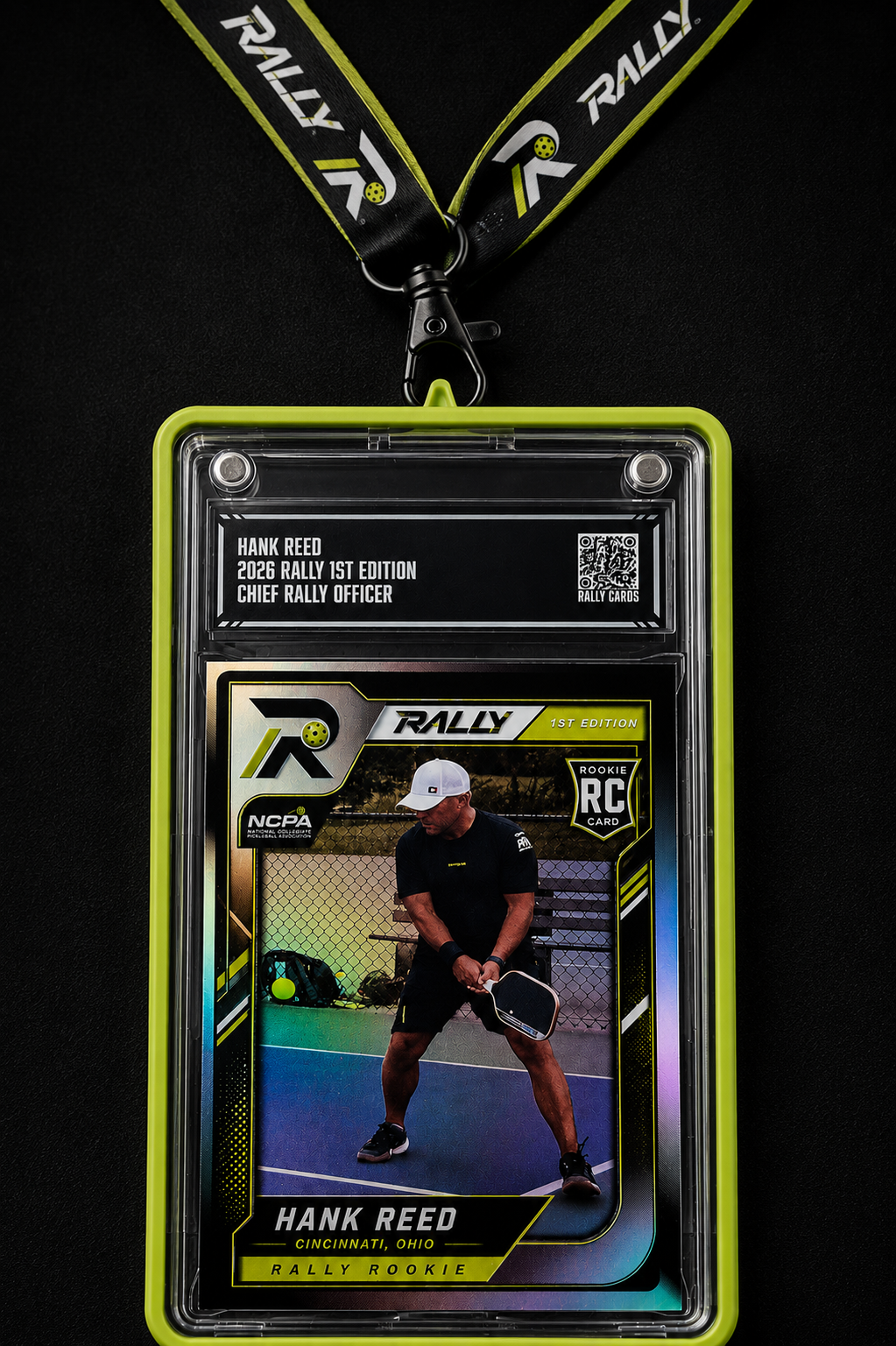 Hank Reed Rally rookie card displayed in a branded lanyard holder
