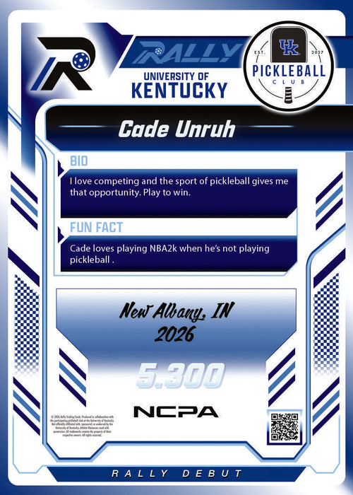 Cade Unruh trading card — back