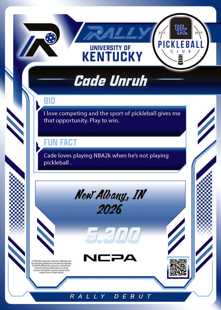 Cade Unruh trading card, back