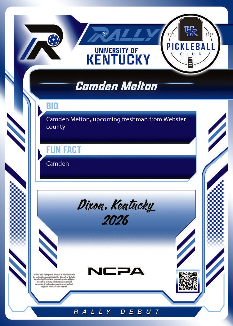 Camden Melton trading card, back
