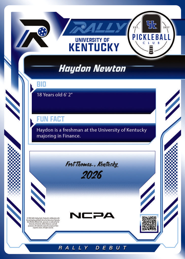 Haydon Newton trading card, back
