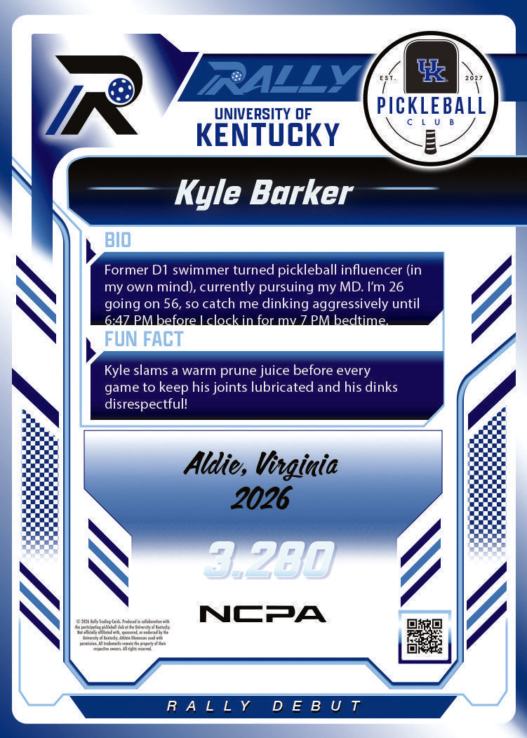 Kyle Barker trading card, back
