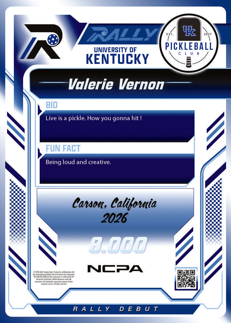 Valerie Vernon trading card, back
