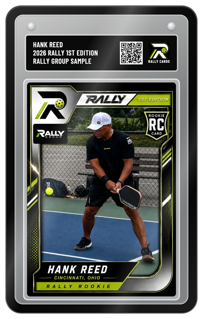 Hank Reed's Rally Rookie card with the Rally Group logo, in a black bumper case