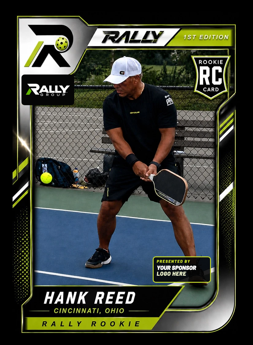 Hank Reed's Rally Rookie card with the Rally Group logo where your logo goes and a sponsor tag